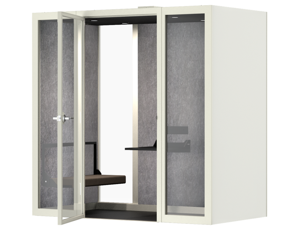 DECIBEL® ADA 
Frame Color: White

Exterior Side Panel (L&R): White

Center Back Panel (Interior): Charcoal Felt

Interior Side Panel Finish: Charcoal Felt

Data Port: Data Port- None

FireShield™ Fire Suppression: None

ADA Table: None

ADA Benches: None