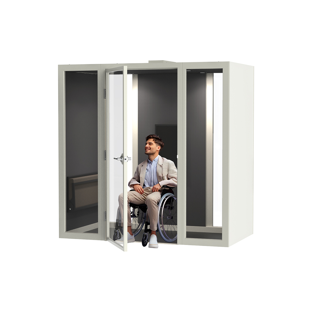 DECIBEL® ADA 
Frame Color: White

Exterior Side Panel (L&R): White

Center Back Panel (Interior): Charcoal Felt

Interior Side Panel Finish: Charcoal Felt

Data Port: Data Port- None

FireShield™ Fire Suppression: None

ADA Table: None

ADA Benches: Flip Up Bench (1)